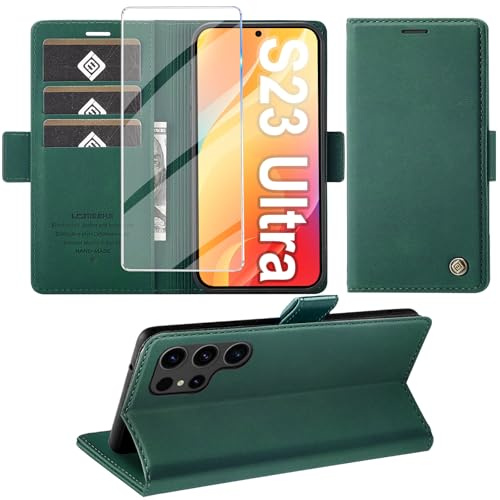 Handyhülle für Samsung Galaxy S23 Ultra 5G Hülle mit Schutzfolie, Standfunktion Kartenfach Wallet Premium Leder Schutzhülle S23 Ultra Flip Case Cover Stoßfeste Klapphülle S23 Ultra 6.8 Zoll (Grün)