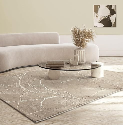 the carpet Mila Teppich – moderner Kurzflor Wohnzimmerteppich mit 3D Hoch-Tief-Effekt, Glanzeffekt & weicher Oberfläche, Fußbodenheizung geeignet, Blitz Effekt, Beige Gold, 140 x 200 cm