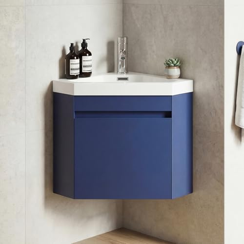 Walsport 16 Corner Bathroom Vanity Floating Single Sink Combo for Small Space Wall Mounted Cabinet Set Design Resin Basin Sink Top Chrome Faucet and Drain,Blue