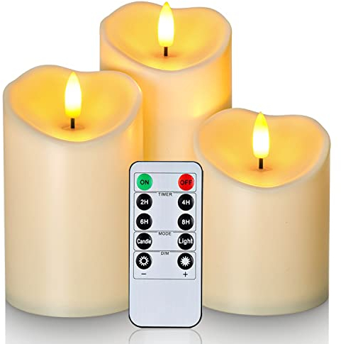 Homemory Waterproof Flickering Flameless Candles, Outdoor Battery Operated LED Pillar Candles with Remote Control Timer, Electric Fake Plastic Candles, Ivory, Set of 3