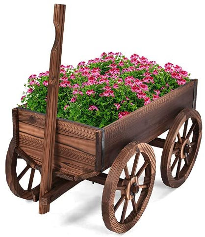 GOPLUS Carrito de Madera Decorativa con 4 Ruedas y Mango, Macetero Exterior con 2 Agujeros de Drenaje, Jardinera Jardín para Terraza, Patio, 65 x 34 x 20 cm, Marrón