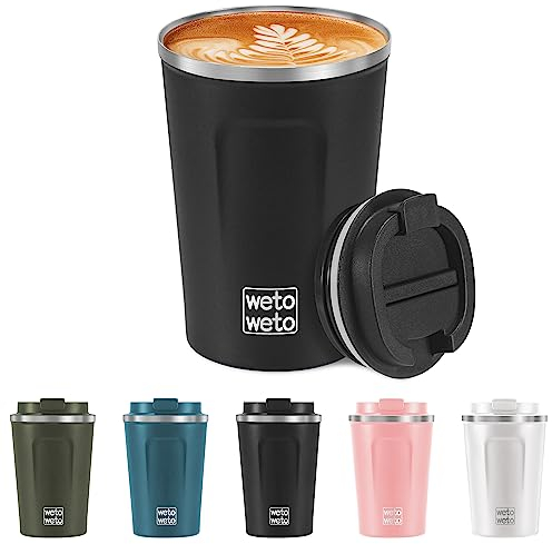 WETOWETO 12 oz Stainless Steel Insulated Tumbler, Spill Proof Coffee Travel Mug with Lid, Reusable Coffee Cups with lids, Portable Coffee Mug Thermal Cup for Keep Hot Ice Drink, (Black)
