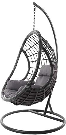 KIDEO Komplettset: großer Hängesessel mit Gestell & Kissen, Hängesessel grau, Indoor & Outdoor, Poly-Rattan, anthrazit (Kissen: dunkelgrau Nest (8999 Shadow))