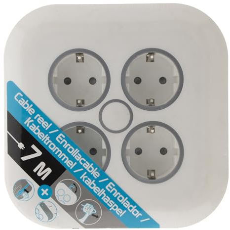 Zenitech, 4-socket Schuko 7 m vit inhemsk grenuttag med HO5VV-F 3G1,5 mm² kabel, indragbar hängkrok, extra platt kontakt, enkel väggmontering, integrerad termisk brytare