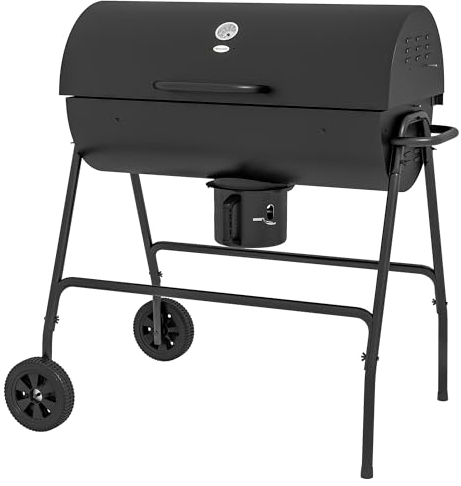 Outsunny Charcoal Barbecue Grill, Portable Barrel BBQ Trolley Smoker with Wheels, Ash Catcher and Thermometer for Outdoor Garden Party Cooking, Black