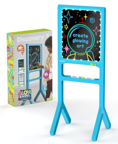 Discovery™ Glow Easel Dual-Sided Art Station – 34” Floor Standing Easel with Light Board, Whiteboard, 6 Neon Dry-Erase Markers| Detachable Drawing Tablet| Coloring Doodle Pad| Arts & Crafts for Kids