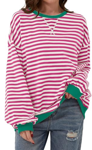 TERIVEEK Överdimensionerad randig tröja för kvinnor med stjärnmönster, långärmad, rund hals, sweatshirt, avslappnad, löst sittande pullover, Y2K-topp, Rosenröd, XL