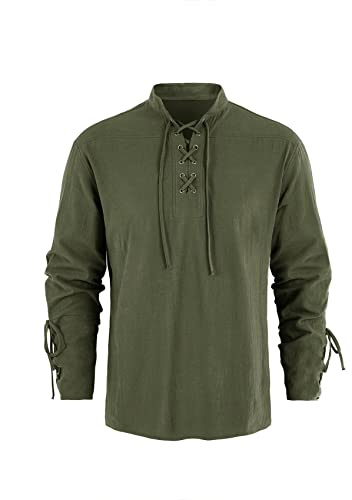 Runcati Camicia da uomo medievale steampunk pirata costume vichingo con lacci vittoriano rinascimentale colletto alto cosplay top, verde oliva, M