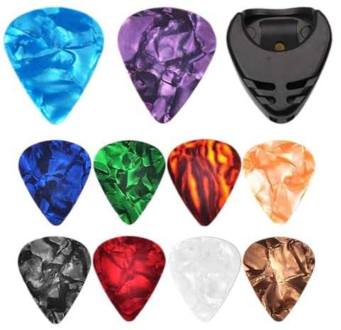 Gitarren- und Bass-Picks - 10 Stück Mehrfarbige Plektren Mit Halter für E-Gitarre, Tragbare Fingerplektren