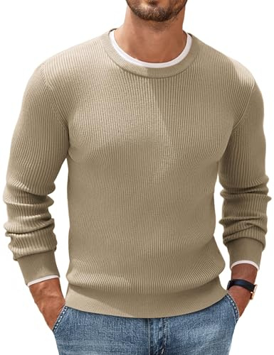 COOFANDY herrtröja rund hals stickad tröja finstickad tröja ribbad herr tröja basic stickad sweatshirt fritid business, Mångrå, S