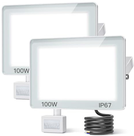 ANNIFUNLY 2Pcs Focos LED Exterior con Sensor de Movimiento, 100W 10000LM | Foco Proyector LED Exterior 6500K Blanco Frío, IP67 Impermeable Floodlight para Casa, Garaje, Patio, Terraza, Campo