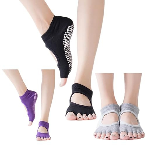 Yolhloy 3 Paar Zehenlos Yoga Socken Rutschfeste, Damen Ohne Zehen Socken, Pilates Socken für Damen Baumwolle, Half toe Socks, für Sport und Freizeit, Barre, Tanz, Ballet
