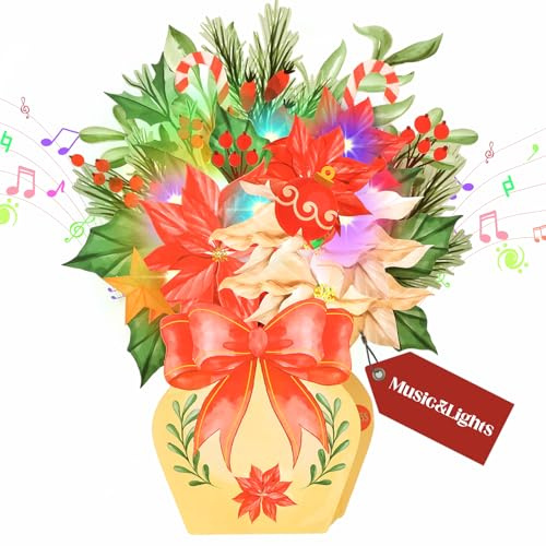 Weihnachtskarte, Weihnachtskarte mit Musik Lichter für Mädchen, Frauen, Pop-up Papier Blumenstrauß Weihnacht Karte für Kinder, Mädchen, Junge, Frau, Tochter, Enkelin, Mama