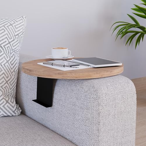 [en.casa] Sofatablett Kuleskyd verstellbar Armlehnentablett rund Ø34 cm Couchablage Couchtablett Sofalehnentisch Sofaablage Holzoptik