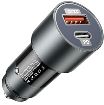 Zigarettenanzünder USB Adapter, [USB C 25W+USB A 18W] 12V Steckdose, PD&QC3.0 Schnellladung dual Port Kfz Ladegerät, Car Charger für iPhone 16 15 14 13 12 11 Samsung Galaxy S23 S22 S20