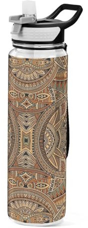 Mnsruu Transparente Sport-Wasserflasche mit Strohhalm, auslaufsichere Trinkflasche, Tribal-Ethno-Stil, geometrische Fahrradflaschen für Sport, Büro, Schule, BPA-freier Tritan-Kunststoff, 1 Liter