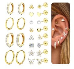 CASSIECA 12 Paar Ohrringe Gold Set, 316L Chirurgenstahl Ohrringe für Damen Herren Medizinische Ohrstecker und Creolen für Mehrfachpiercing 14K Vergoldet Helix Tragus Piercing Ohr Gold