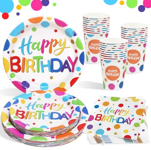 Heboland Pappteller Kindergeburtstag bunt Polka Dot Design Partygeschirr Set Geburtstag 100pcs Pappteller Pappbecher Servietten für Erwachsene Jungen Mädchen Geburtstagsdeko, 25 Gäste