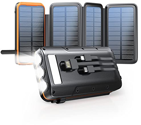 Solar Powerbank 27000mAh, cargador solar con 3 cables QC4.0 22.5 W USB C 20 W, función de carga rápida, con 4 paneles solares y 3 linterna LED para smartphones, tabletas, camping