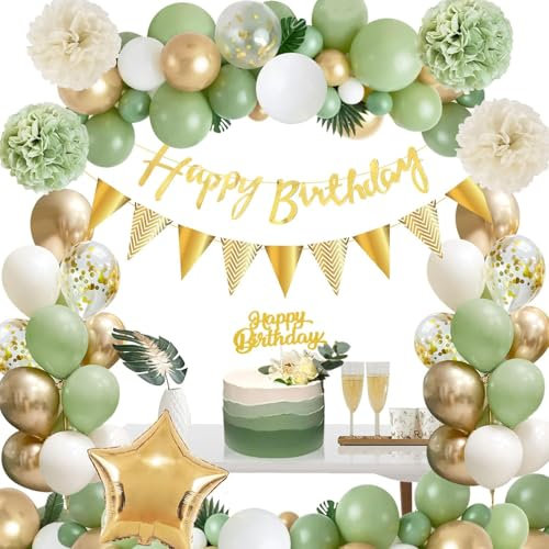 Birthday Decoration for Women Men, 62Pcs Sage Green Birthday Party Decoration Set - 18Inch Star Foil Balloon, Green Gold White Balloons, Happy Birthday Banner, Cake Topper