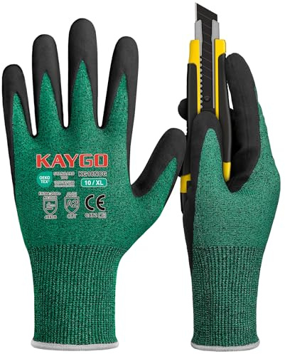 KAYGO Safety Work Gloves MicroFoam Nitrile Coated Cut Resistant, KG18NC | 3 Pairs, Cut Level B, Abrasion Level 4, Light Oil Grip, Ideal for Warehouse, Construction, Auto Repair, DIY (Green, XL)