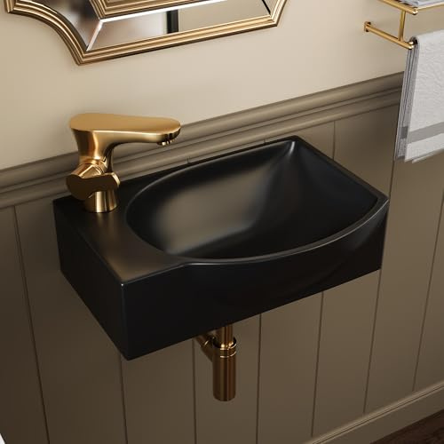 Wall Mounted Cloakroom Basin, DeerValley Ceramic Bathroom Wash Basin Corner Sink with Overflow and Tap Hole - 40 x 28 x 14.5cm (Black, Right Hand)