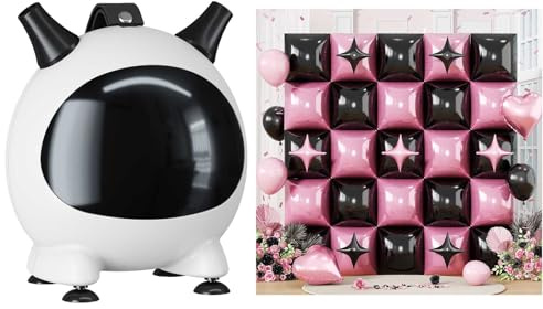 Froova Electric Balloon Pump and 32PCS Pink and Black Square Foil Balloon with Star Foil Balloon, 600W Dual Nozzle Air Pump and Metallic Pink and Black Tunnel Arch Kit for Birthday Wedding Baby Shower