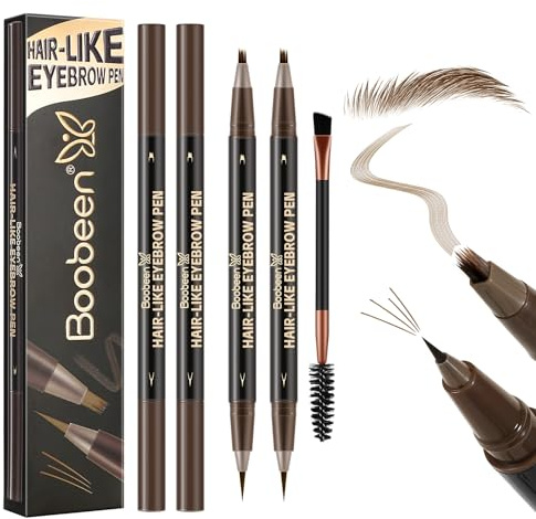 Boobeen 2er-Set Wasserdichter Augenbrauenstift, Doppelseitiger Eyeliner Microblading-Augenbrauenstift für Frauen, Langlebiger, haarähnlicher Brauenstift mit Augenbrauenbürste, Dunkelbraun
