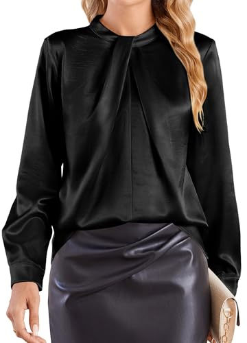 Beluring Satin Bluse Damen Langarm Stehkragen Shirt Business Outfit Oberteile Schwarz XL