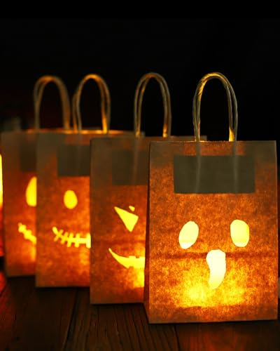 XIUCAI 40 Pezzi Sacchetti di Carta Luminosi Decorativi Halloween, Piccole Borse Kraft Luminose, per Decorazioni Interne/Esterne e Segnapassi,40pcs