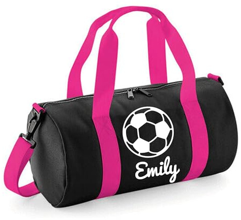 Personalised Football Ball Barrel Bag Sports Holdall for Boys & Girls, 12L Durable Gym Bag Training Kit Bag, 20x20x40cm Stylish Sports Equipment Storage - Black/Hot Pink