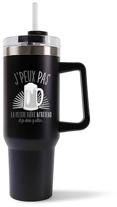Planetee Mug Isotherme 1,2L - Je peux pas petite bière Noir – Bouteille avec Anse, Paille et Couvercle – Idée Cadeau Gourde Personnalisée