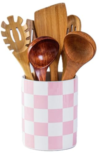 YOSCO Kitchen Utensil Holder, 6.3 Inch Checkered Ceramic Cooking Utensil Holder Modern Utensil Crocks for Kitchen Counter-Farmhouse, Housewarming Gift, Decor and Accessories (Pink, 6.3 Inch)