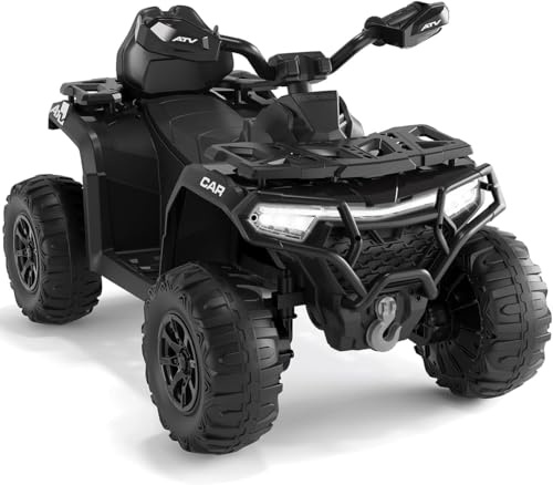 Garvee Quad Eléctrico Niño 12 V, Coche Eléctrico 4 Ruedas Todoterreno con 2 Motores, Mando a Distancia Parental, Suspensión, Faros LED, Música, Bluetooth, USB, Bandera Luminosa, para 3-6 años,Negro