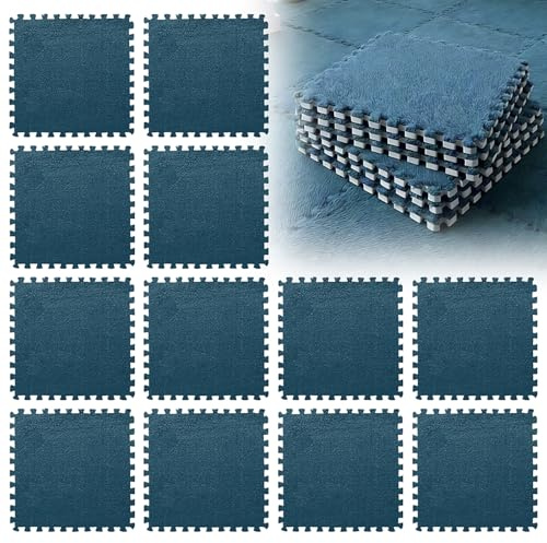 LUPATDY 12 Stück Ineinandergreifende Plüsch Schaumstoffmatte, 30x30cm Schaumstoff Puzzle Matten, Flauschige Wohnzimmer Schlafzimmer Teppichfliesen, Bodenfliesen Für Spielz, Marineblau