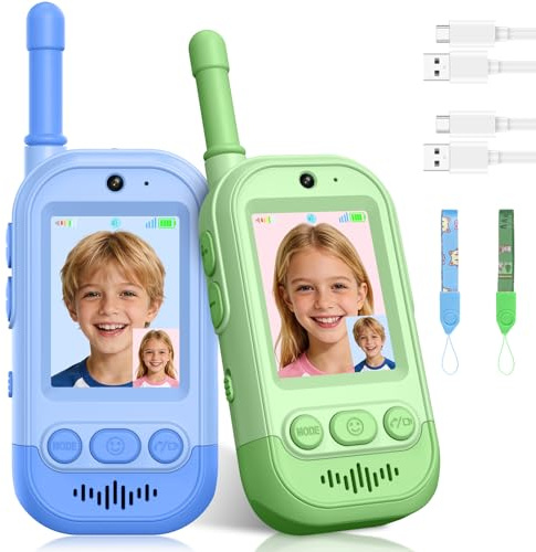 Video Walkie Talkie Niños(Set de 2), Gofunly Walkie Talkie Recargable con Videollamada, Largo Alcance, Cambiador de Voz, Regalos de Cumpleaños Juguete para Niños y Niñas de 3 a 12 Años - Verde+Azul