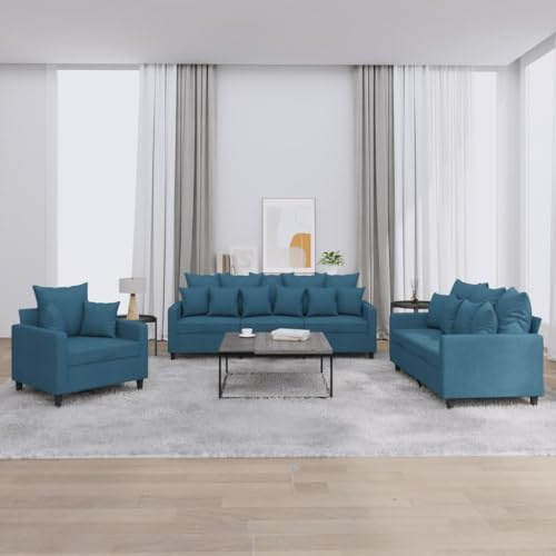 Kaloriko 3-TLG. Sofagarnitur Blau Samt mit 1 Sessel 2-Sitzer 3-Sitzer Couch, inklusive Kissen, komfortable Polstergarnitur mit robustem Gestell für Wohnzimmer, Büro, Gästebereich