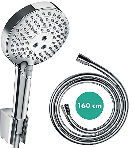 hansgrohe Raindance Select S - Duschset, runder Duschkopf mit Duschschlauch 1,60m und Duschkopfhalterung, Handbrause mit 3 Strahlarten (inkl. PowderRain), Chrom