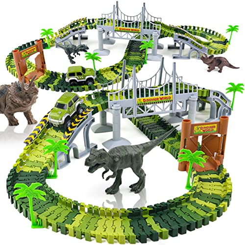 Dinosaurier Spielzeug Autorennbahn Rennbahn- Kinderspielzeug ab 3 4 5 6 Jahre Junge Mädchen,Dino Welt Flex Tracks mit 2 Dinosaurier Figuren Geschenke für Kinder