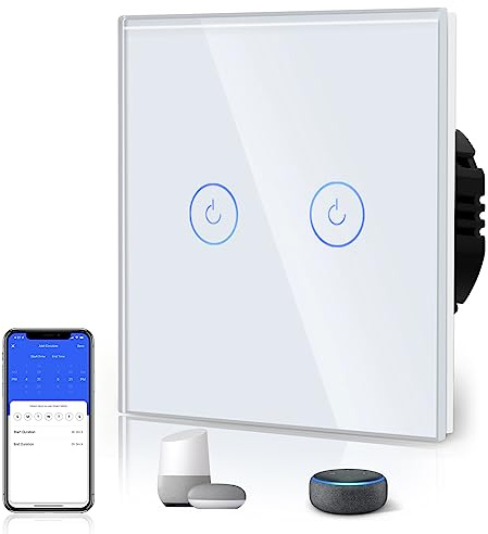 BSEED Interruptor Inteligente WIFI,Interruptores Tactil Con Cristal,Requiere Cable Neutro,2 Gang 1 Vía,86mm Blanco