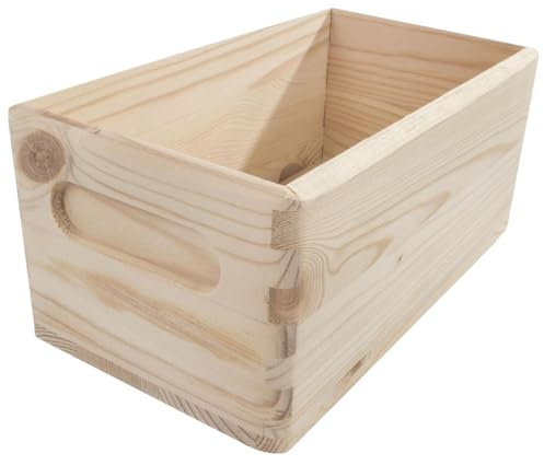 WooDeeDoo Extra Small Wooden Storage Crate Box –– 21.5 x 12 x 9.5 cm –– Solid Pine Open Organiser with Handles for Craft Desk Shelf or Decorative Display