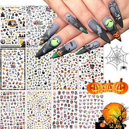 Kalolary 12 Blatt Halloween Nail Art Aufkleber Abziehbilder, DIY selbstklebende Aufkleber Nail Art Tipps Schablone Nagel Dekorationen für Halloween-Party, einschließlich Kürbis/Fledermaus/Geist