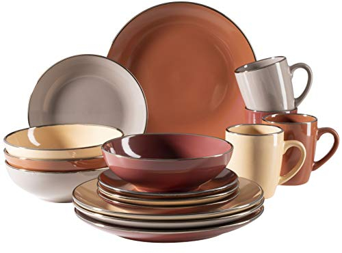 MÄSER 931871 Metallic Rim, set di stoviglie moderne per 4 persone con bordo in ottone, servizio combinato da 16 pezzi con forme coupe senza bordi, colorato, gres naturale