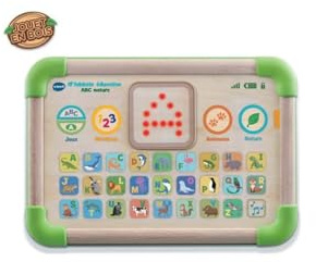 VTech - Lerntablett ABC Natur, interaktives und sensorisches Kinder-Tablet teilweise aus Holz, Lernspielzeug Alphabet Tiere, Geschenk für Babys, Mädchen und Jungen, ab 1 Jahr – Inhalt in Französisch | Kinder-Tablet aus Holz mit 26 Touch-Tasten, zum Lernen von Alphabet und Tieren