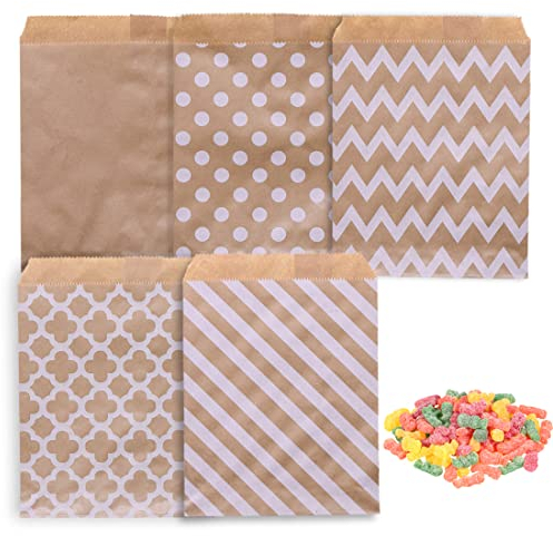 HONGECB Papiertüten Braun, Kraft Umschlag Flachbeutel, Kraftpapiertüten, Geschenk tüten, für Geburtstagsfeiern, Firmenfeier, Samen, Hochzeit oder Schmuck, 13x18cm, 100 Stück, 5 Muster