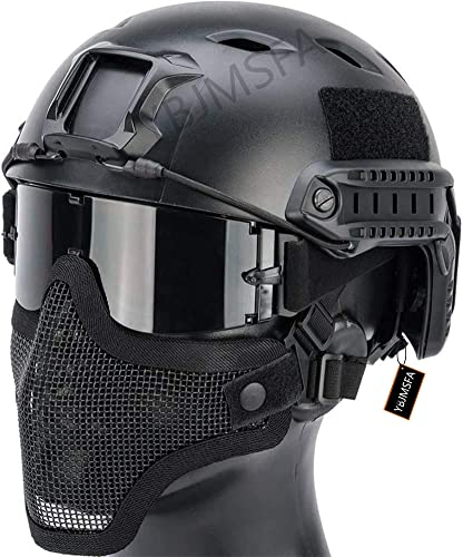 Casque Tactique Airsoft Quick Type PJ Et Masque Demi-Masque Pliable pour Pistolet A Air Comprimé, Lunettes De Protection avec 3 lentilles, Adapté pour CS/Chasse/Paintball/Tir