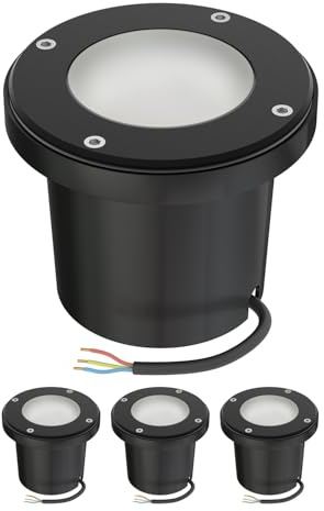 ledscom.de 4 Stück Bodeneinbauleuchte BOFU für außen, IP67, schwenkbar, schwarz, rund, 150mm Ø; inkl. GU10 LED, 3-Stufen max. 500lm warmweiß
