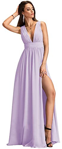 N/ C V cuello largo vestidos de dama de honor con hendidura gasa una línea plisada vestidos de baile con bolsillos C009, Lila, 44