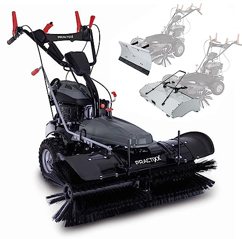Practixx Balayeuse à gazon PX-KM-100 | 3 en 1 | Largeur de passage 100 cm | Moteur à essence 4 temps 173 cm3 | Bac de ramassage & lame à neige inclus