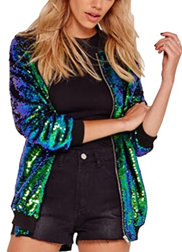 ORANDESIGNE Baseball Jacke Damen Pailletten Reißverschluss Langarm Jacken Frühling Herbst Kurze Jacke Outwear mit Taschen Frauen Retro Casual Baseball Bomberjacke Bikerjacke Übergangsjacke